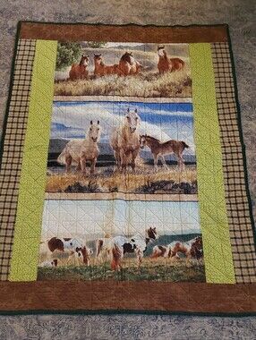 Wild Horses Patchwork Quilt - Brown, Tan, Green 46 X 35
